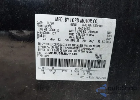 2020 Lincoln Nautilus Standard from USA, damaged, VIN 2LMPJ8J95LBL11143